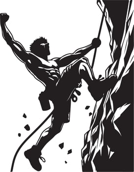 A black and white illustration of a man rock climbing with an expression of victory vector