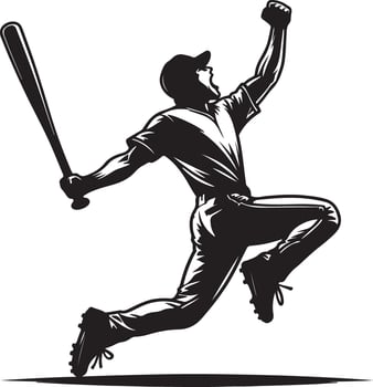 A baseball player in mid air cheering with a bat in hand in black and white style vector
