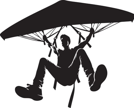 Silhouette of a man hang gliding with arms raised and legs extended against white sky vector