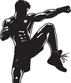 Silhouette of muscular man in boxing stance with raised knee and clenched fists artwork vector