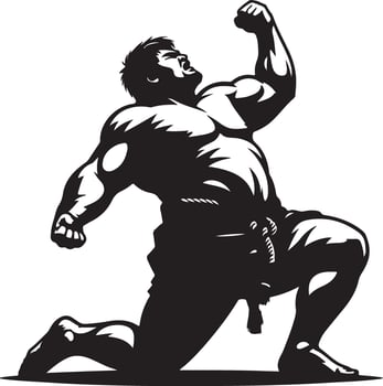 A muscular man kneeling with fist raised in black and white illustration vector