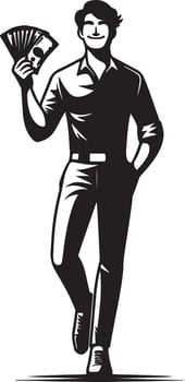 A confident man in a shirt and pants holding money in his hand in black and white art vector