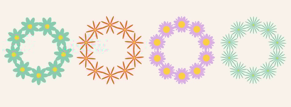 Set of flowers frame. Retro geometric spring flowers. Groovy simple flowers set. Botanical circle border. For greeting card, poster, banner, social media, logo. vector
