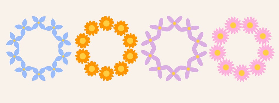 Set of colorful flowers frame. Retro geometric spring flowers. Groovy simple flowers set. Botanical circle border. For greeting card, poster, banner, logo. vector