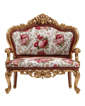 Ornate Vintage Upholstered Chair with Floral Pattern and Gold Accents png