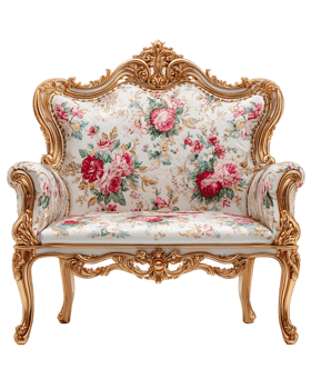 Elegant Vintage Floral Couch with Gold Accents and Intricate Design png