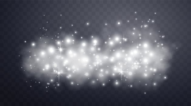 Silver magic sparks and dust stars. Glittering dots, particles, sparkles. Glow flare light effect. Silver luminous points. particles on dark background. vector
