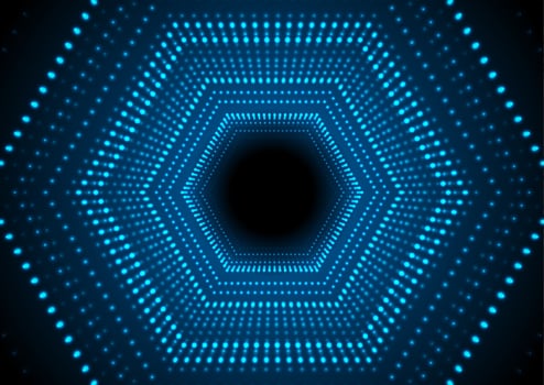 Blue neon glowing dotted linear hexagons abstract hi-tech background vector
