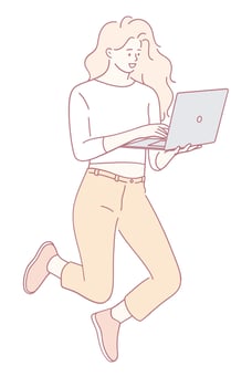 An enthusiastic woman joyfully using her laptop while happily jumping in the air vector