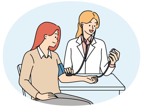 Woman undergoes medical examination at doctor using device for measuring pressure vector
