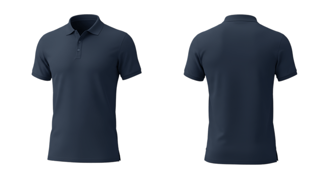 Realistic navy polo shirt with short sleeves showcasing front and back views on transparent background png