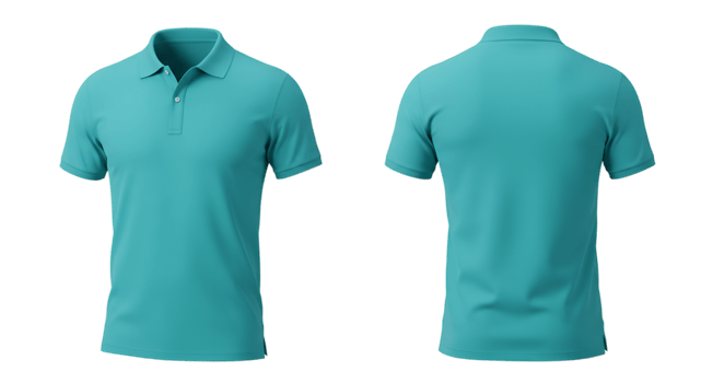 Realistic turquoise polo shirt template mockup with front and back views isolated on a transparent background png