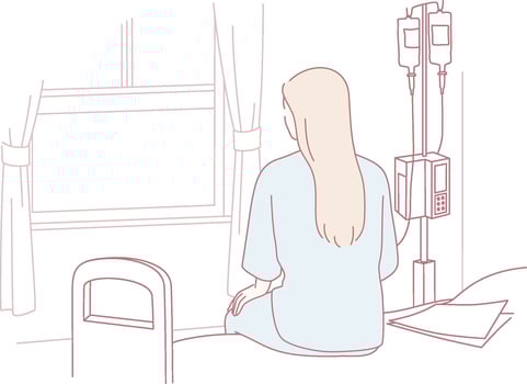 A young woman sits in a hospital room, reflecting by the window on her health journey vector