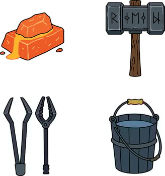 Blacksmith tools hammer bucket tongs and molten metal illustration set vector