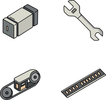 Isometric mechanical parts set wrench belt and connector illustration vector