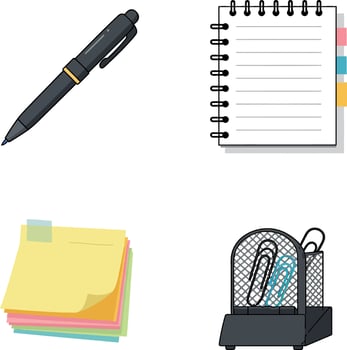 Office stationery set with pen notebook sticky notes and paper clip holder illustration vector