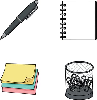 Office stationery set with pen notebook sticky notes and paper clips illustration vector