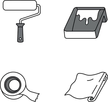 Painting tools illustration with roller brush paint tray masking tape and drop cloth vector