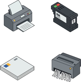 Printer ink cartridge paper shredder and envelope office equipment illustration set vector