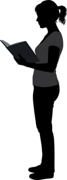 Woman standing reading book silhouette simple black illustration vector