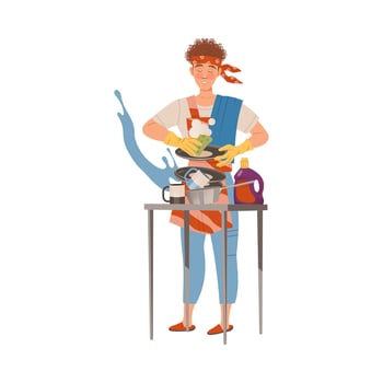 Man washing dishes at kitchen. Househusband doing daily routine cartoon illustration vector