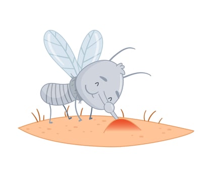 Cute mosquito sucking blood. Adorable parasitic insect funny character cartoon illustration vector