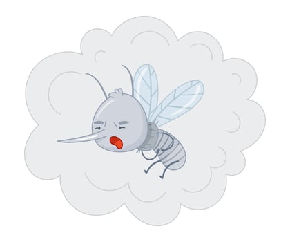 Cute mosquito flying in cloud of insecticidal spray. Adorable parasitic insect funny character cartoon illustration vector