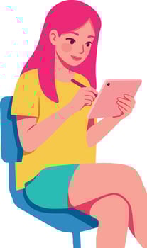 Young woman drawing on digital tablet with stylus pen sitting casual illustration vector