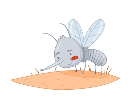 Cute mosquito sitting on human skin. Adorable parasitic insect funny character cartoon illustration vector