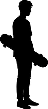 Silhouette of teenage boy holding skateboard standing side profile illustration vector