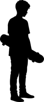 Silhouette of teenage boy holding skateboard in casual pose illustration vector