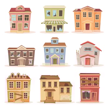 Facades of abandoned two storey houses with broken windows set. Old suburban cottages cartoon illustration vector