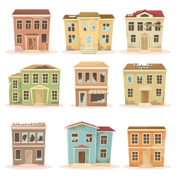 Old abandoned residential houses set. Facades of ecaying suburban cottages cartoon illustration vector