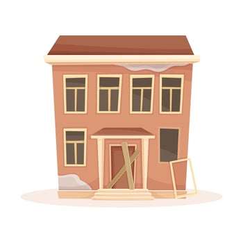 Facade of abandoned two storey house with broken windows and door boarded up. Old suburban cottage cartoon illustration vector