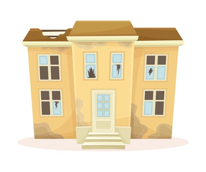 Facade of abandoned two storey house with broken windows and roof. Old suburban cottage cartoon illustration vector
