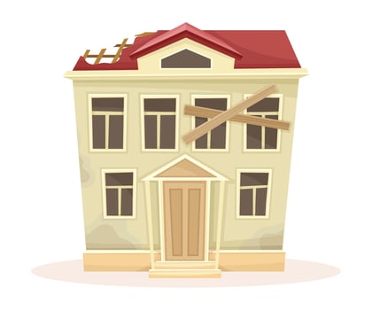 Abandoned two storey house with broken windows and roof. Old suburban cottage cartoon illustration vector