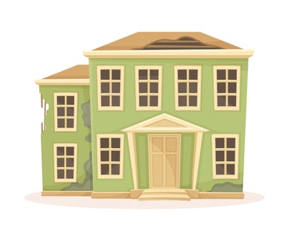 Old abandoned two storey house with broken roof. Old suburban building cartoon illustration vector