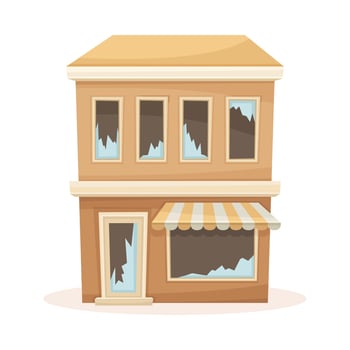 Facade of abandoned house with broken windows and roof. Old suburban two storey building cartoon illustration vector