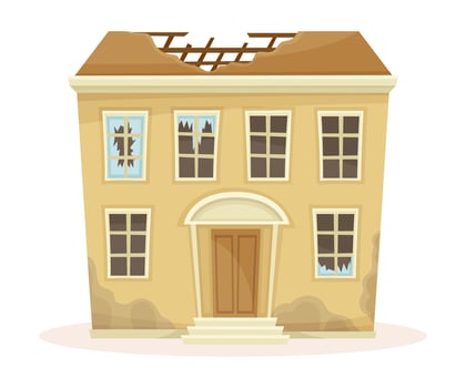 Abandoned two storey house with broken windows and roof. Old two storey building cartoon illustration vector