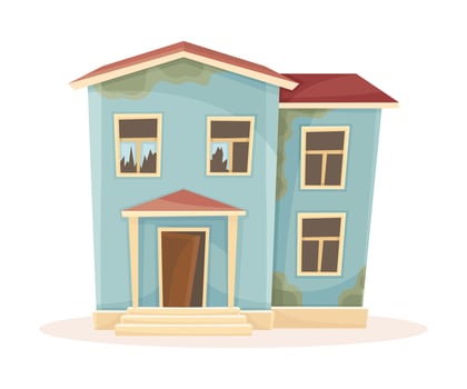 Facade of abandoned house with broken windows. Old suburban cottage cartoon illustration vector