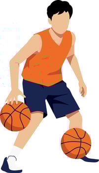 Male basketball player dribbling two balls in orange vest and blue shorts illustration vector