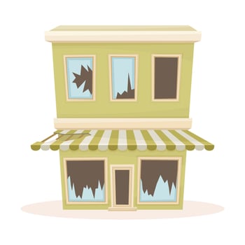 Abandoned public building with broken windows. Facade of old decaying house cartoon illustration vector