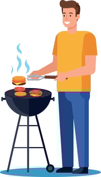 Man grilling burgers on barbecue outdoor cooking leisure activity illustration vector