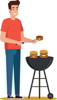 Man grilling burgers outdoors with barbecue in casual red shirt illustration vector