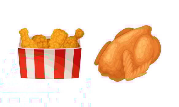 Fried chicken meat set. Crispy drumsticks in basket and whole fried chiken cartoon illustration vector