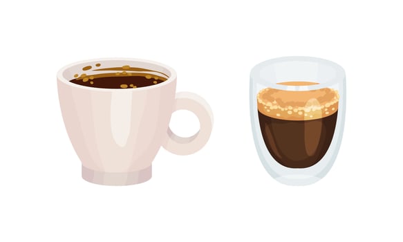 Cups of coffee set. Aroma hot beverage in glass and ceramic mugs illustration vector