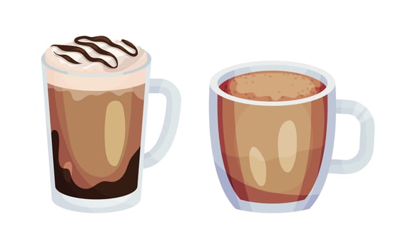 Glass mugs of coffee set. Tasty hot beverages assortment illustration vector