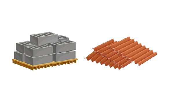 Building construction materials set. Profile of roof tile, pallet of concrete blocks illustration vector