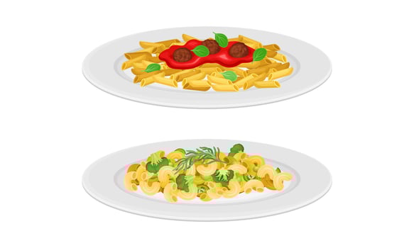 Italian cuisine dishes set. Traditional pasta with vegetable sauce illustration vector