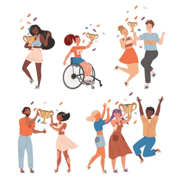 Excited People Winner Character Holding Cup Award and Smiling Illustration Set vector